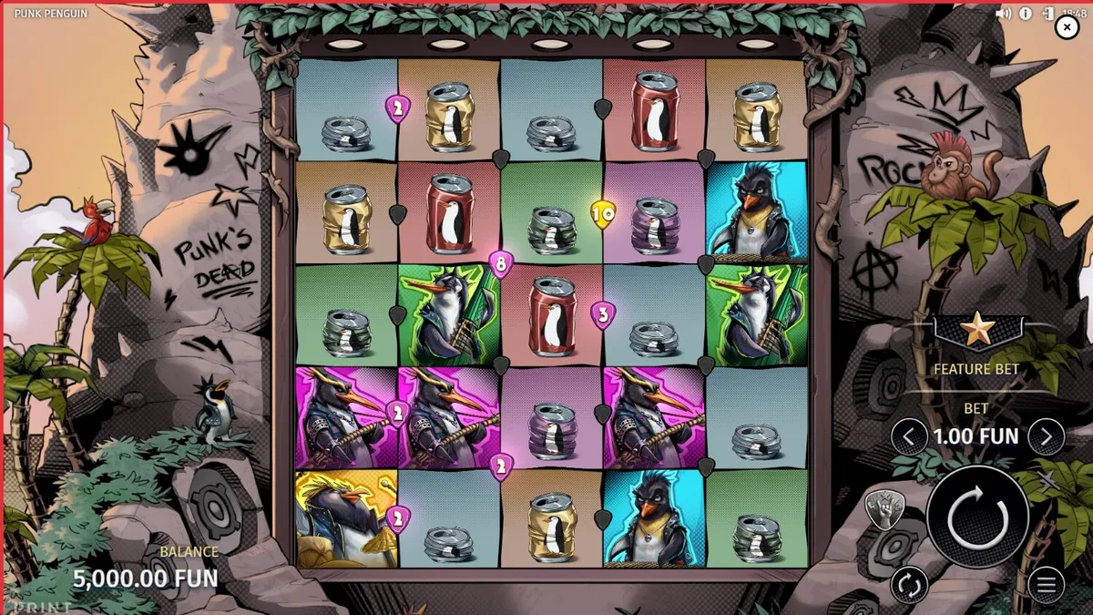 Cena vibrante e punk do slot Punk Penguin com pinguins roqueiros