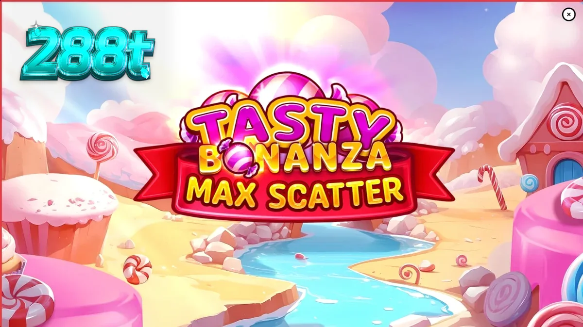 Interface colorida e vibrante do slot Tasty Bonanza Max Scatter com doces e guloseimas